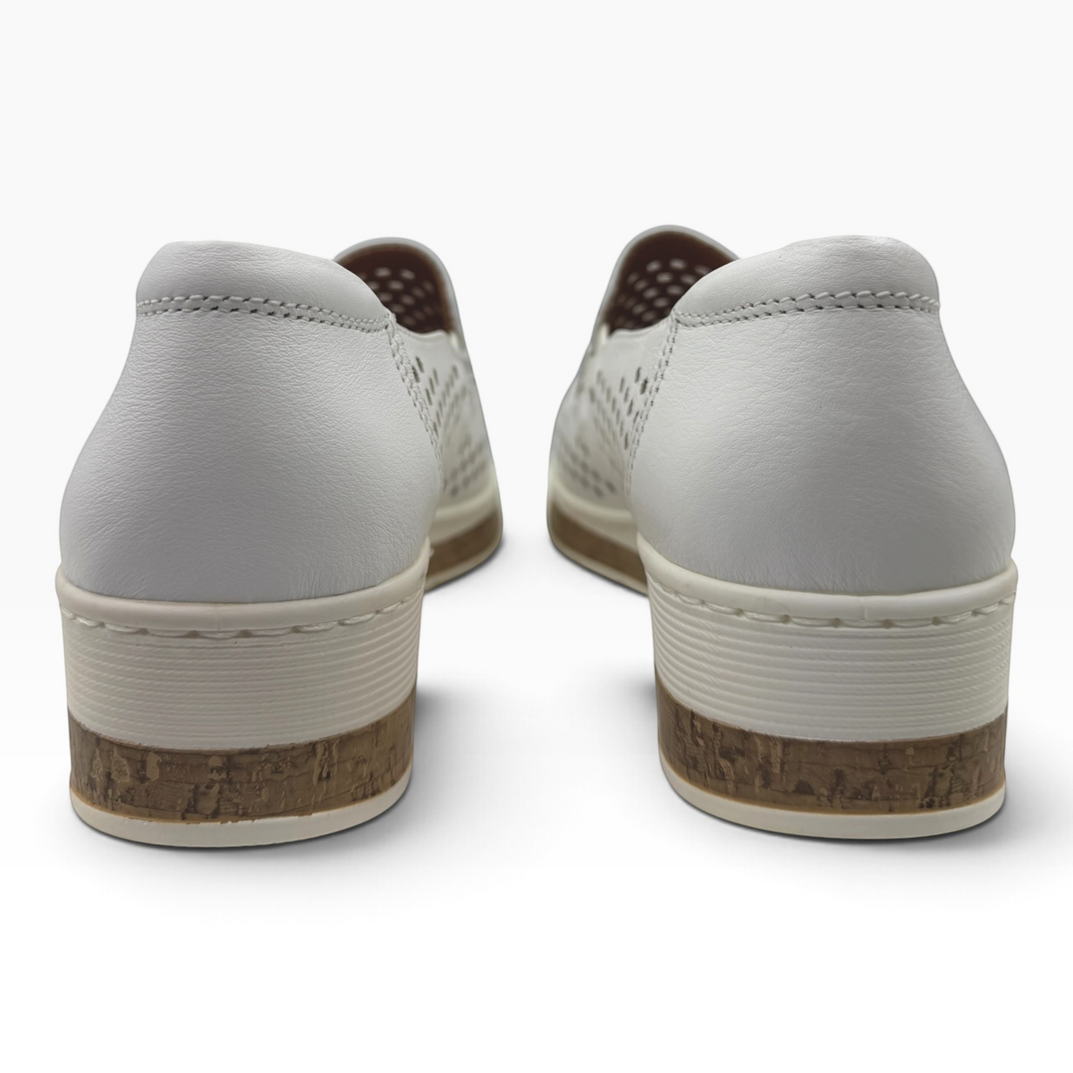 The Shoe Shop Monkey casual shoes in white leather with a low-profile cork-effect sole, rear view.