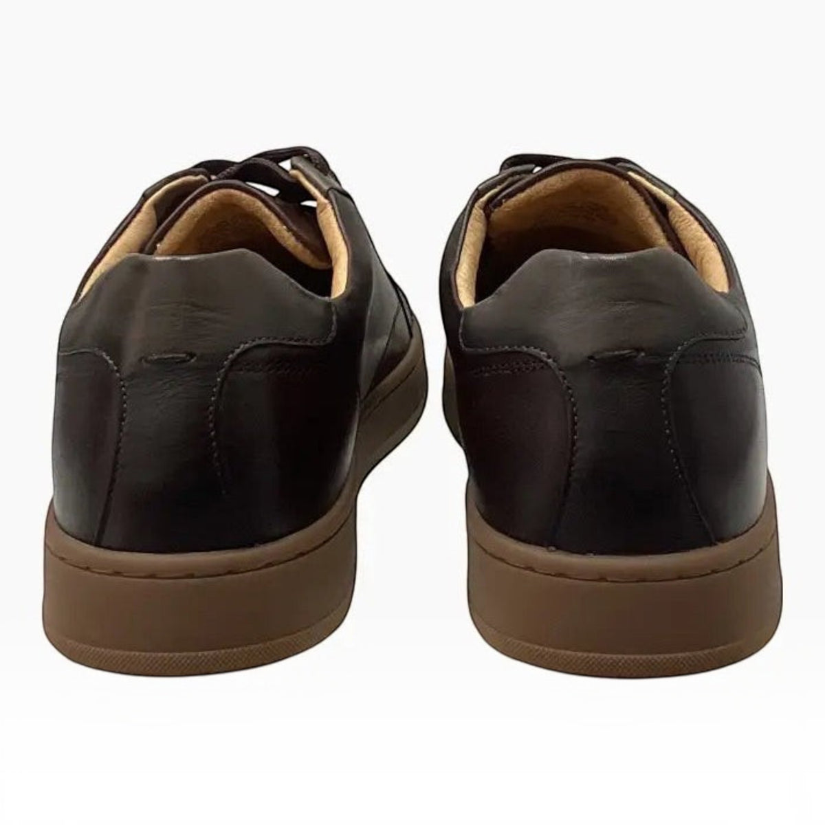 The Shoe Shop Monopoli low-top sneakers in dark brown smooth leather with a cushioned collar and gum rubber sole.