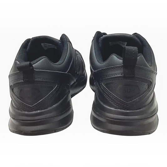 The Shoe Shop MX608V5 4E extra wide black leather sneakers shown from the back, highlighting the durable rubber outsole.