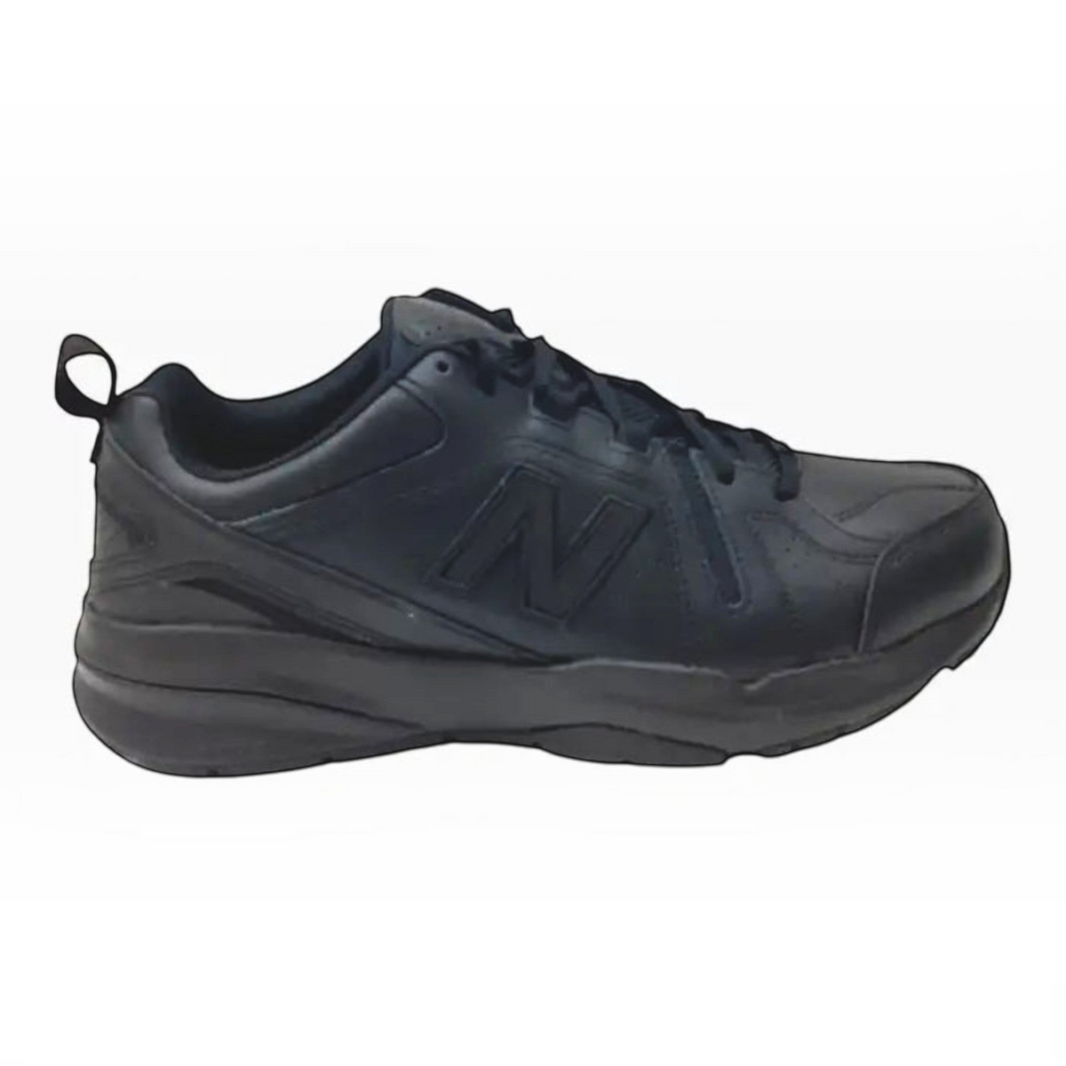 The Shoe Shop MX608V5 4E men's black leather trainer with cushioned ABZORB midsole and durable rubber outsole.