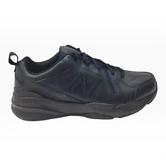 The Shoe Shop MX608V5 4E men's black leather trainer with cushioned ABZORB midsole and durable rubber outsole.