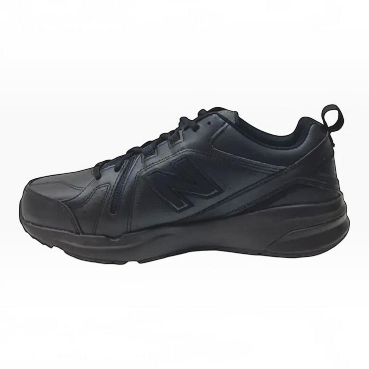 The Shoe Shop MX608V5 4E men's black leather trainer with cushioned midsole and durable rubber outsole