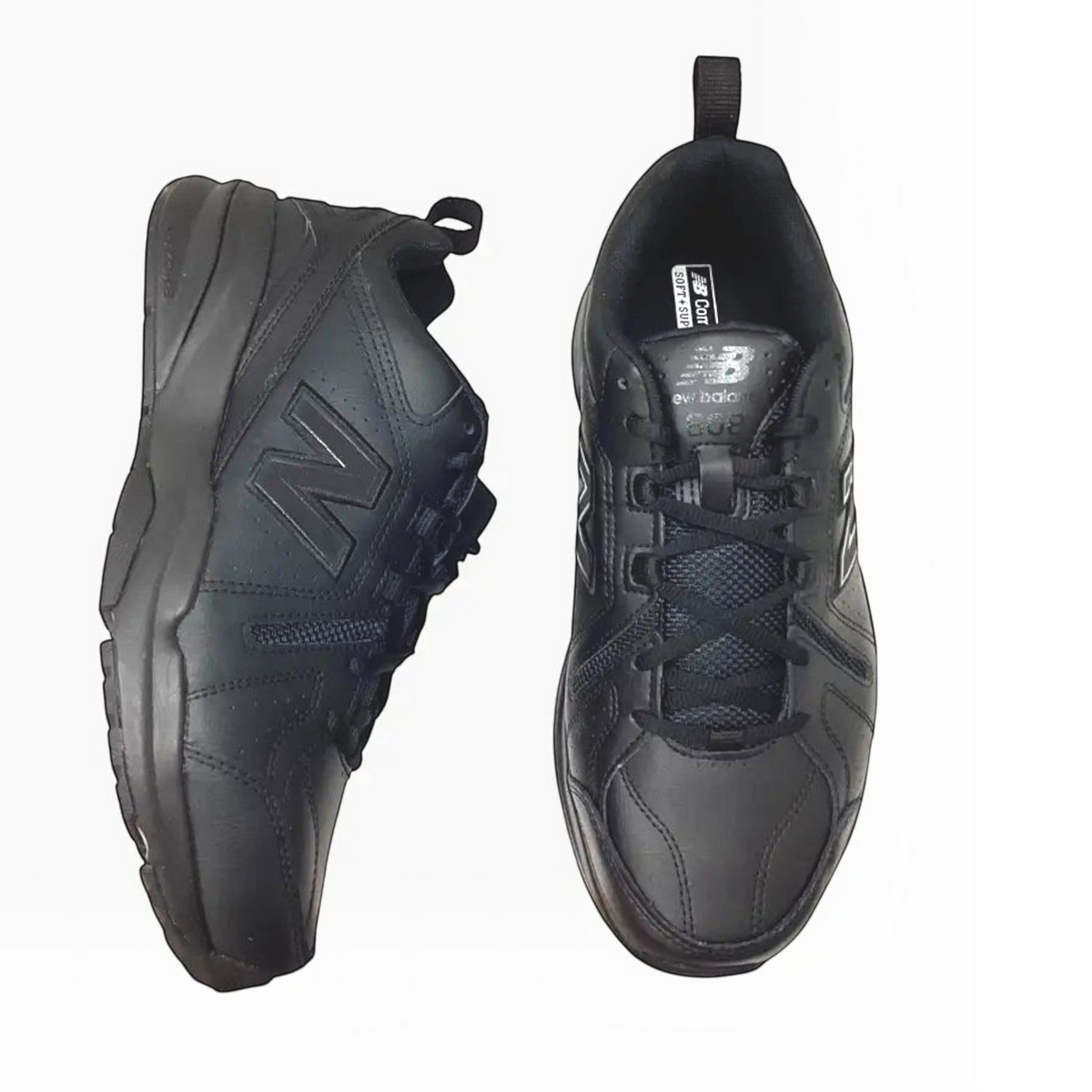 The Shoe Shop MX608V5 4E extra wide black leather trainers with cushioned ABZORB midsoles and lace-up closure.