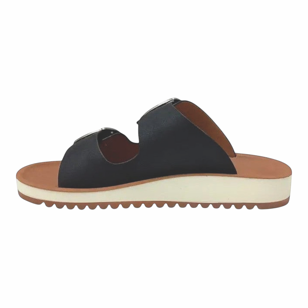 The Shoe Shop Naara black vegan leather double-strap slide with adjustable buckles and a white low wedge sole.