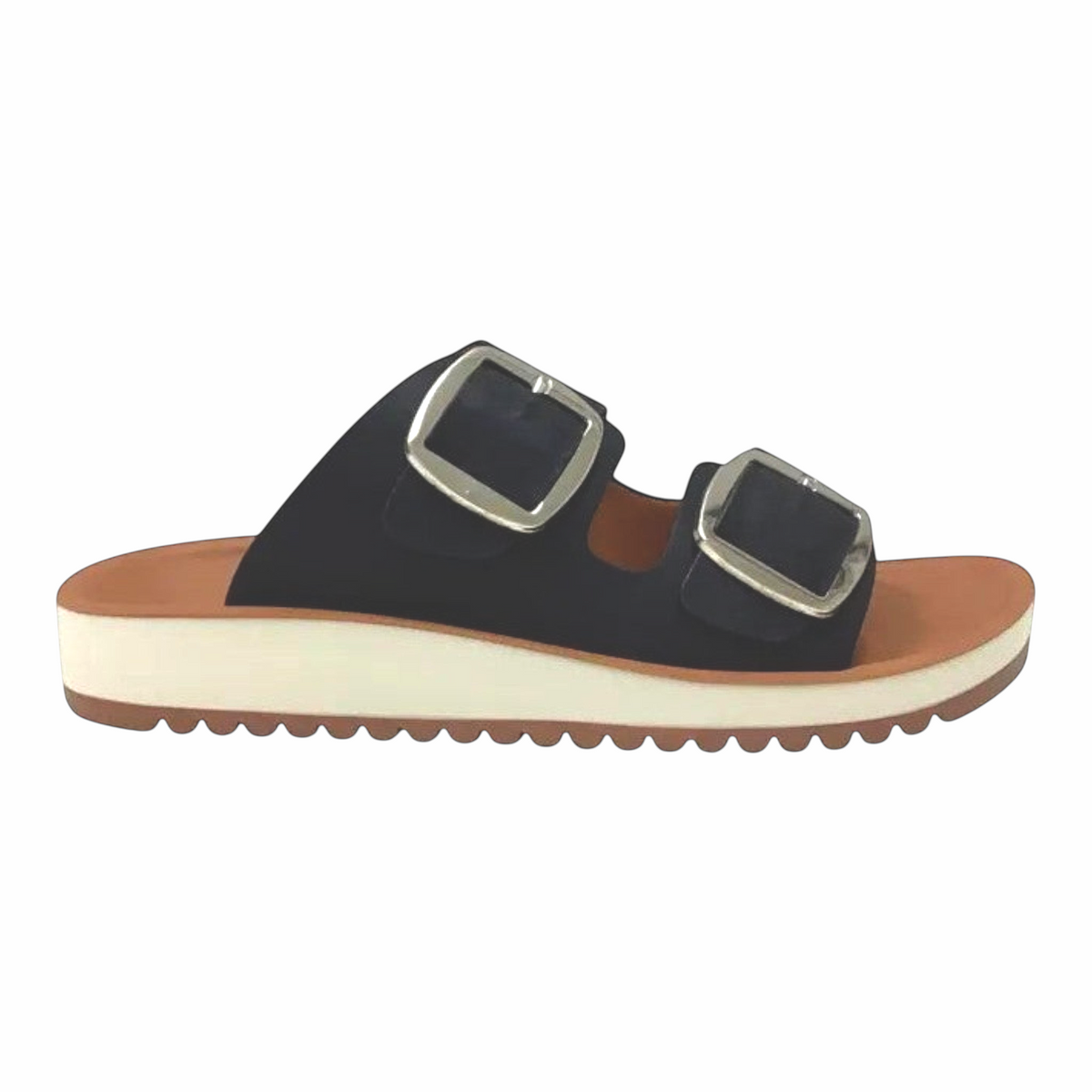 The Shoe Shop Naara black vegan leather double-strap slide with adjustable silver buckles and white wedge sole