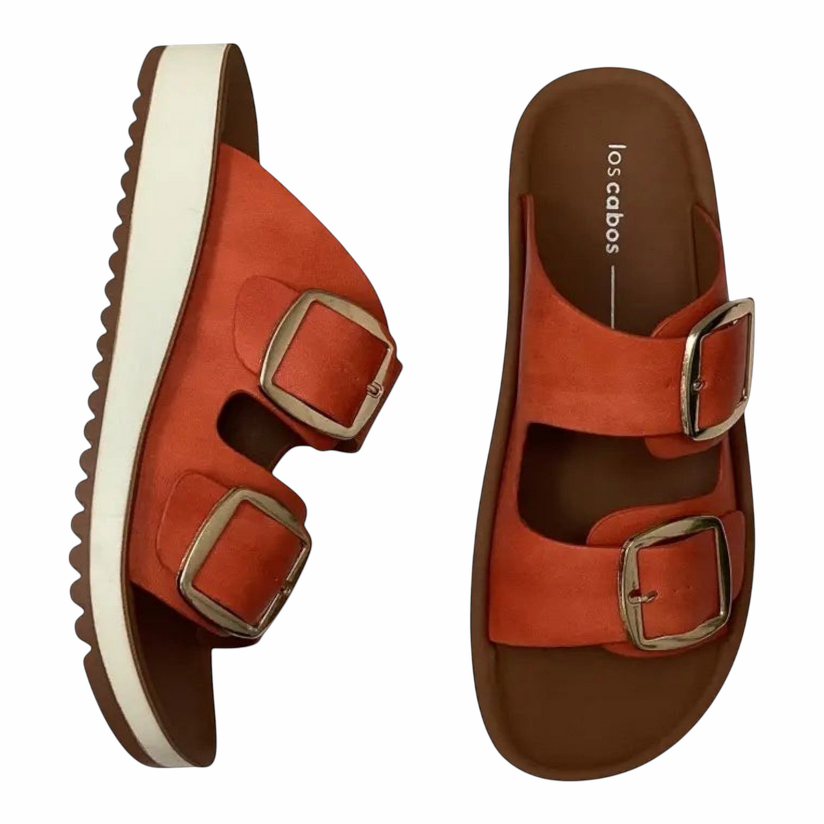 The Shoe Shop Naara vegan leather double-strap slides in rust orange with adjustable buckles and white wedge sole