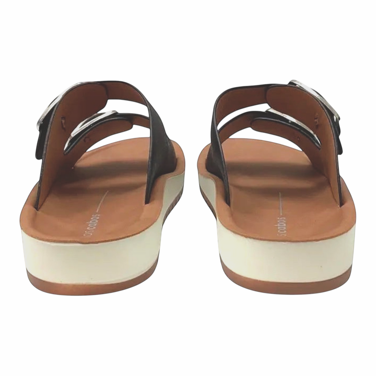 The Shoe Shop Naara vegan leather double-strap slides with adjustable buckles and a low wedge heel, back view.