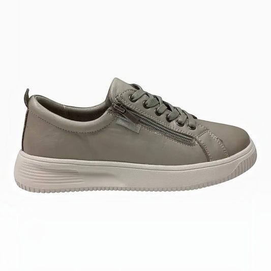 The Shoe Shop Naked Arches Nelly grey leather sneaker with side zip detail, lace-up front, and white platform sole.