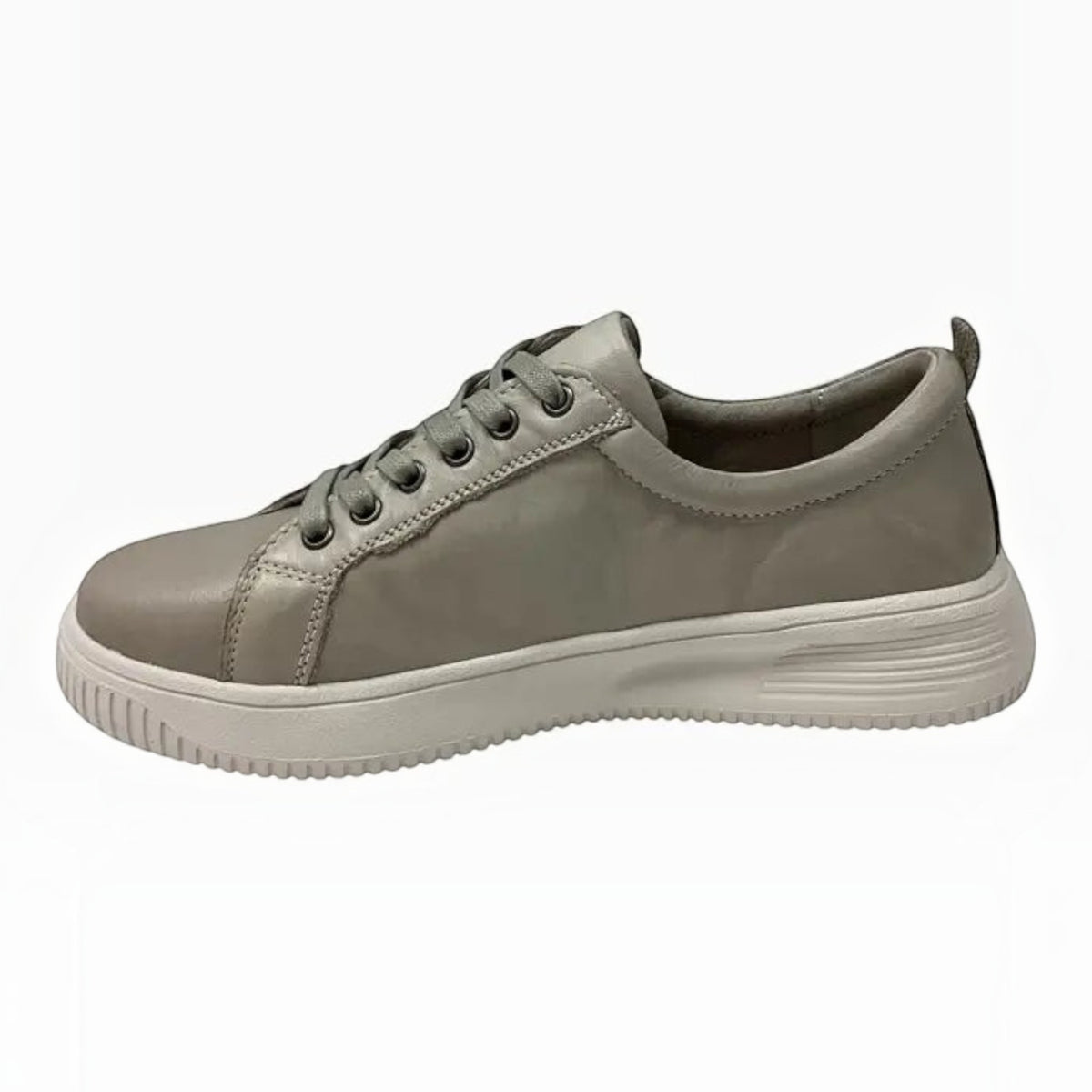 The Shoe Shop Naked Arches Nelly grey leather sneaker with platform midsole, lace-up front, and functional zip detail.