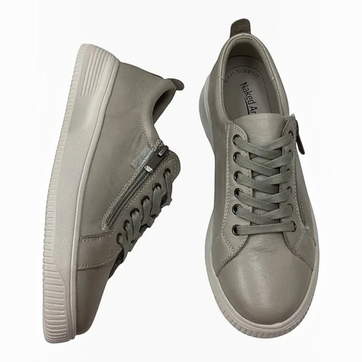 The Shoe Shop Naked Arches Nelly grey leather sneakers with platform midsole, side zip, and lace-up design.