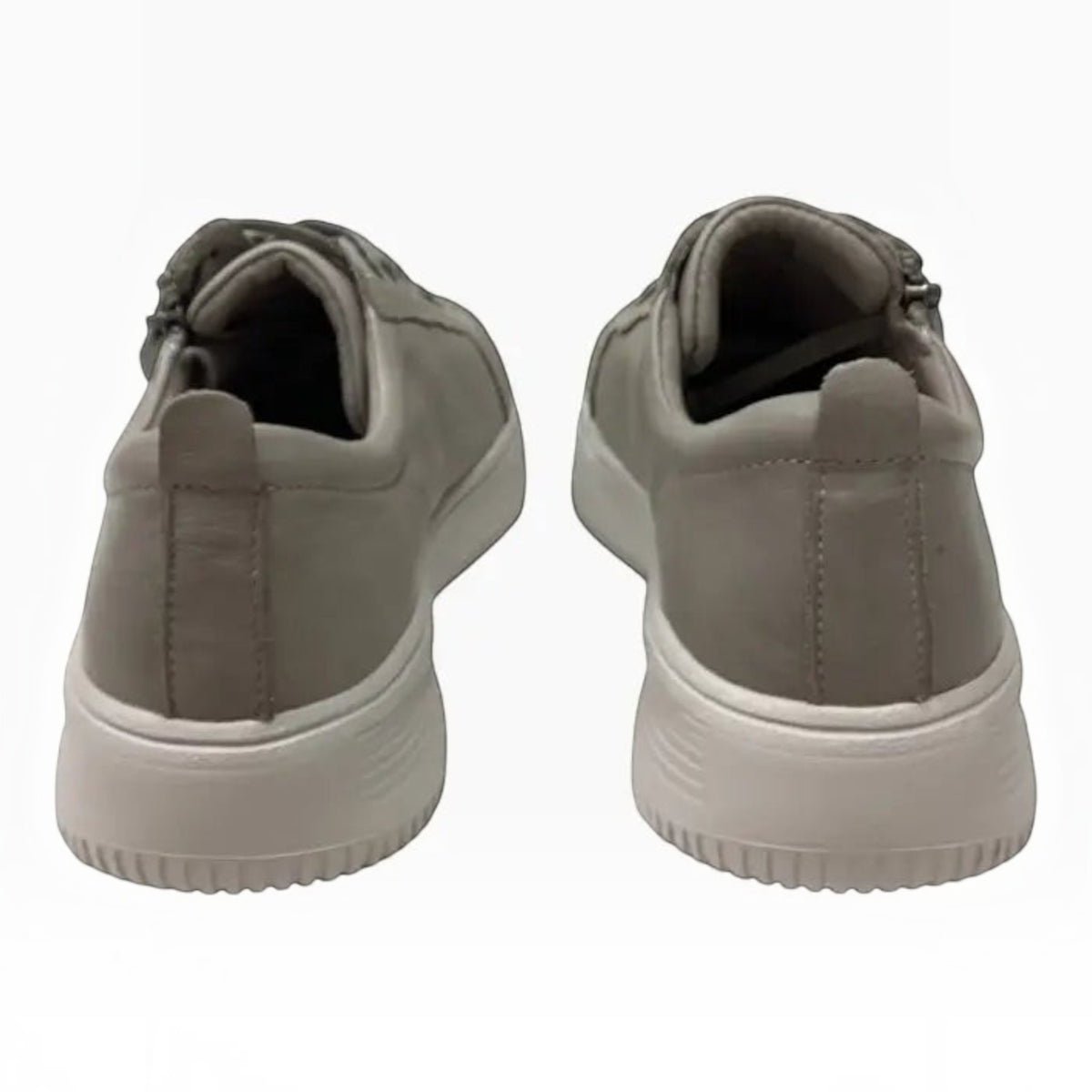 The Shoe Shop Naked Arches Nelly grey leather sneakers featuring a platform midsole and back view detail.