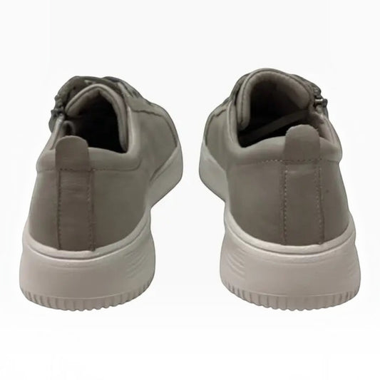 The Shoe Shop Naked Arches Nelly grey leather sneakers featuring a platform midsole and back view detail.