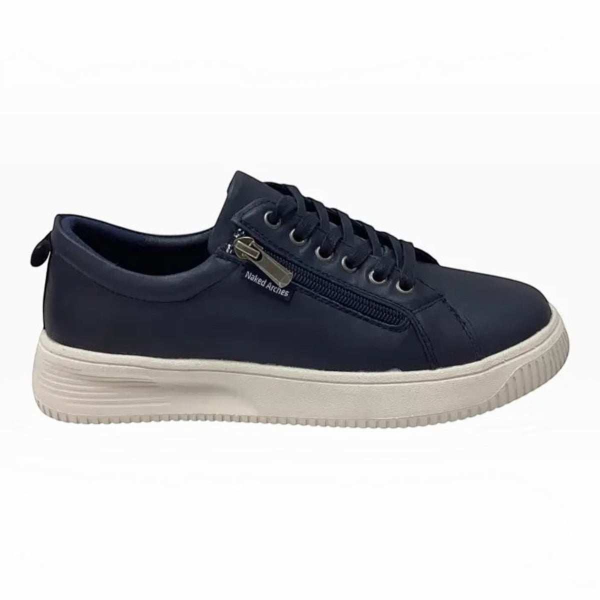 The Shoe Shop Naked Arches Nelly navy leather sneaker with functional side zip, lace-up front, and white platform sole.