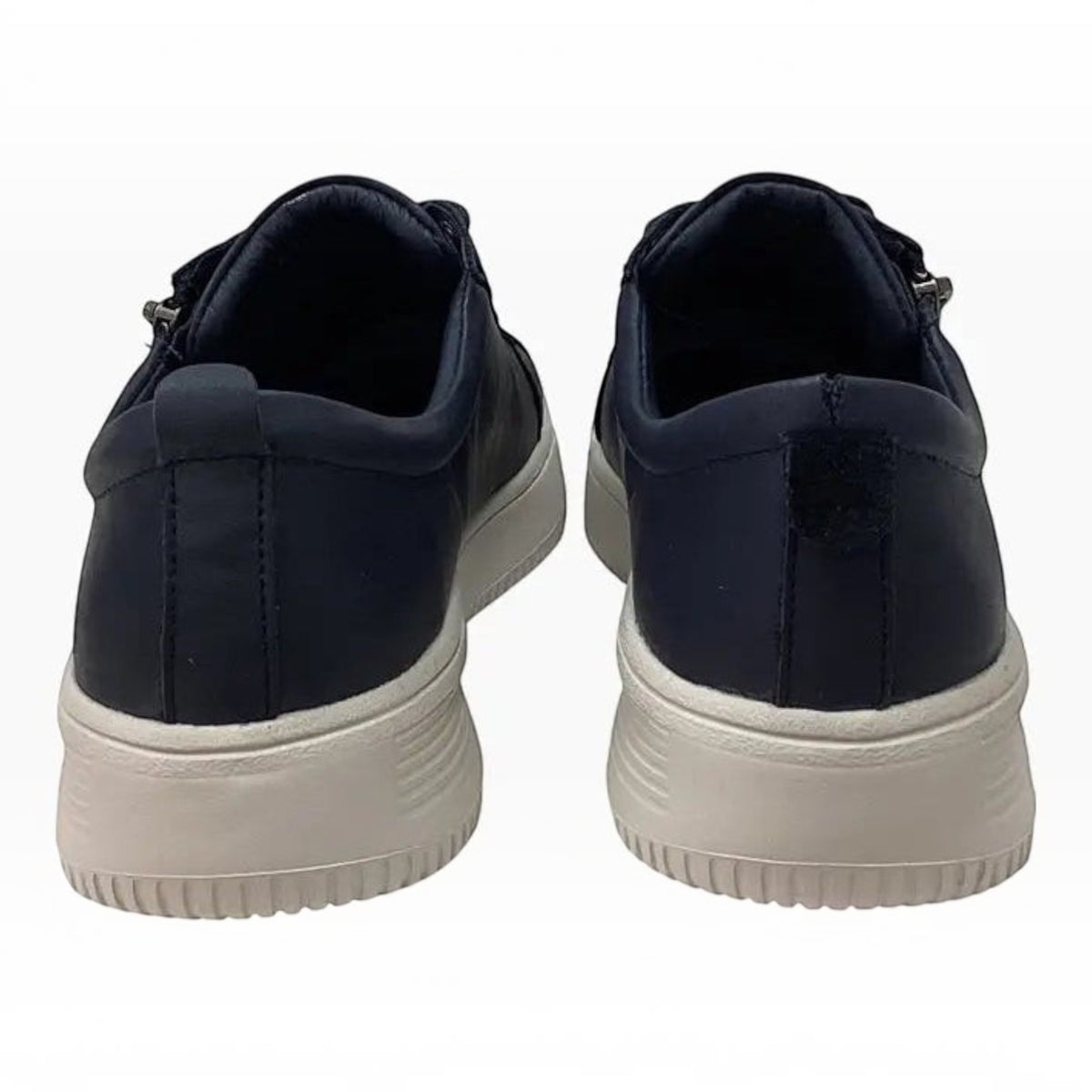 The Shoe Shop Naked Arches Nelly navy leather sneakers with platform midsole, back view showing heel detail