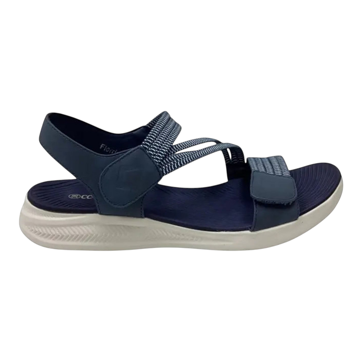 The Shoe Shop CC Resorts Florrie navy blue textile sandals with velcro straps and a white cushioned anti-skid sole.
