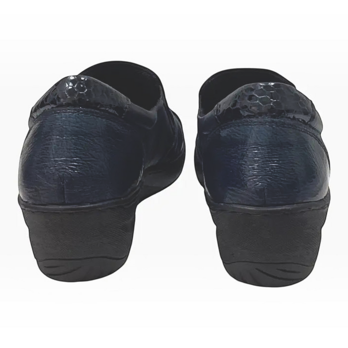 The Shoe Shop Cabello CP461-18 navy blue crinkle leather slip-on loafers with a cushioned heel and textured detail.