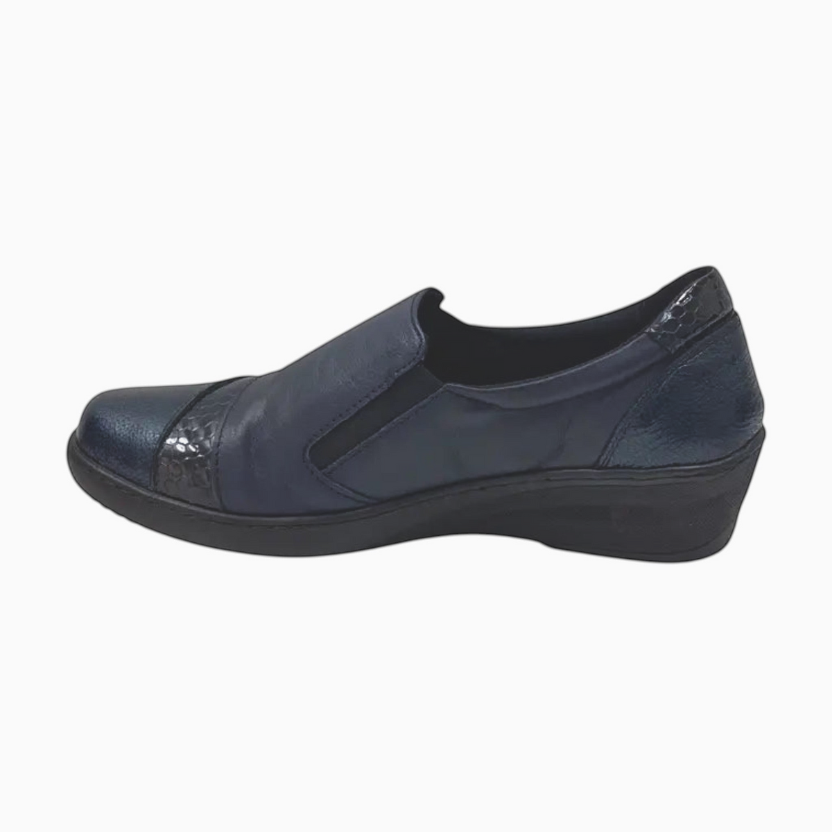 The Shoe Shop Cabello CP461-18 navy blue crinkle leather slip-on loafer with a cushioned footbed and flexible sole.