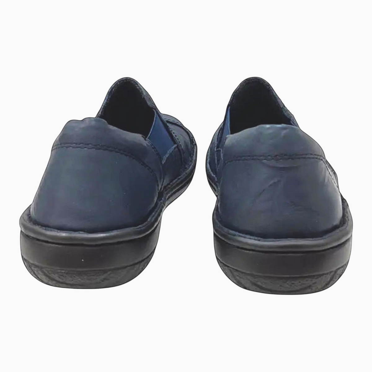 The Shoe Shop Cabello navy leather slip-on shoes with padded heel collars and flexible soles, rear view.
