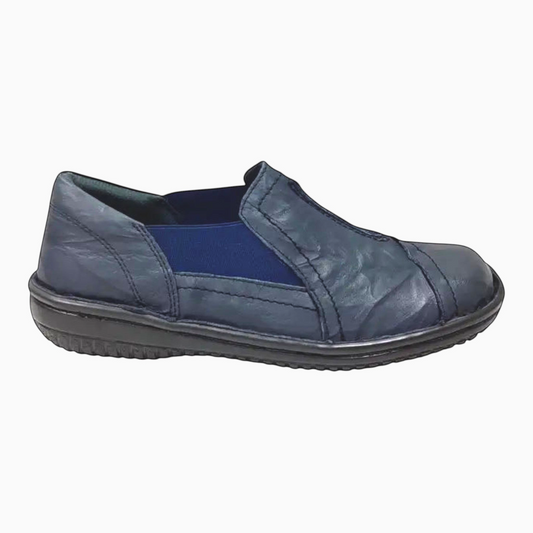 The Shoe Shop Cabello navy leather slip-on shoe with elastic gussets and a flexible sole for everyday comfort.