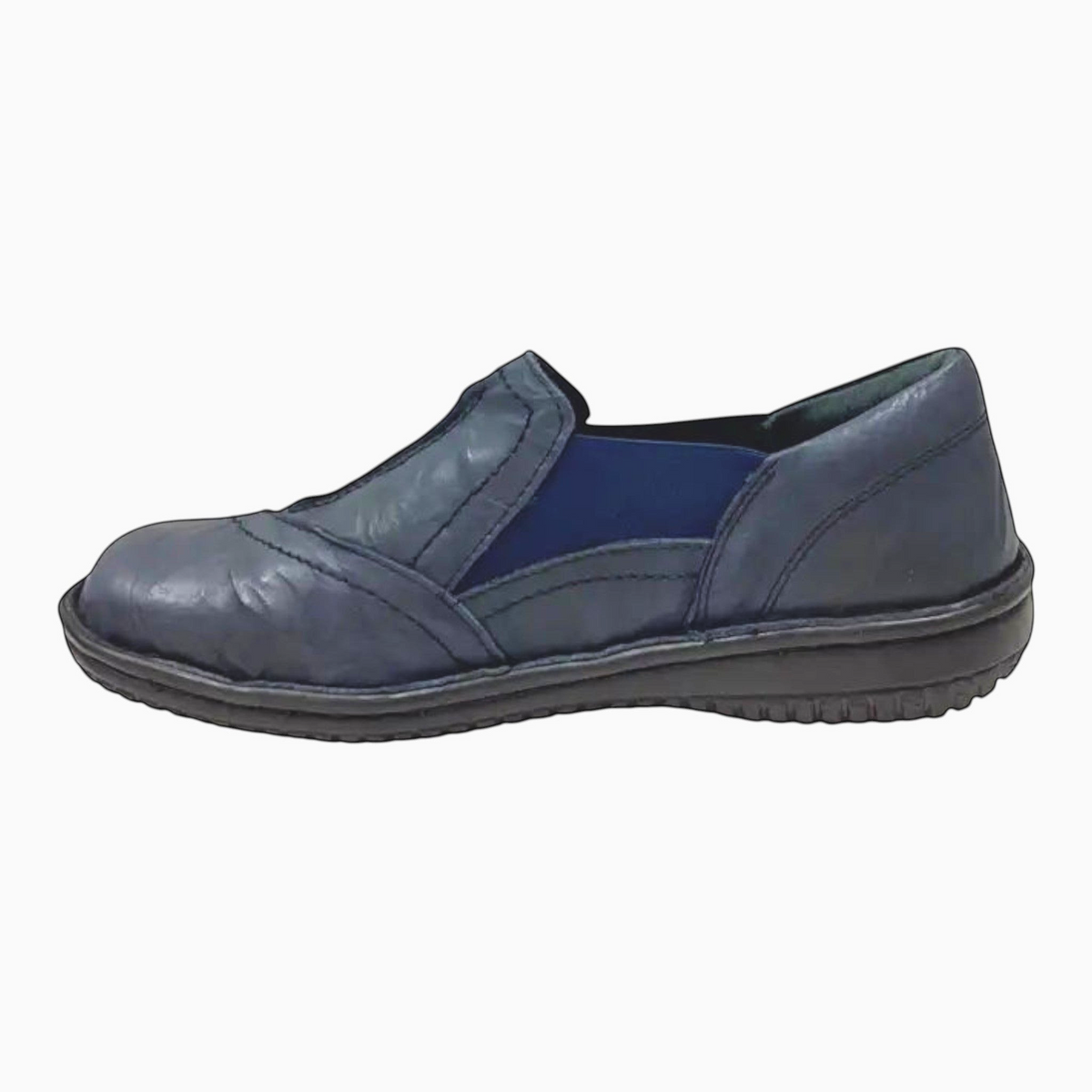 The Shoe Shop Cabello navy leather slip-on shoe with elastic gussets and a flexible sole for orthotic comfort.