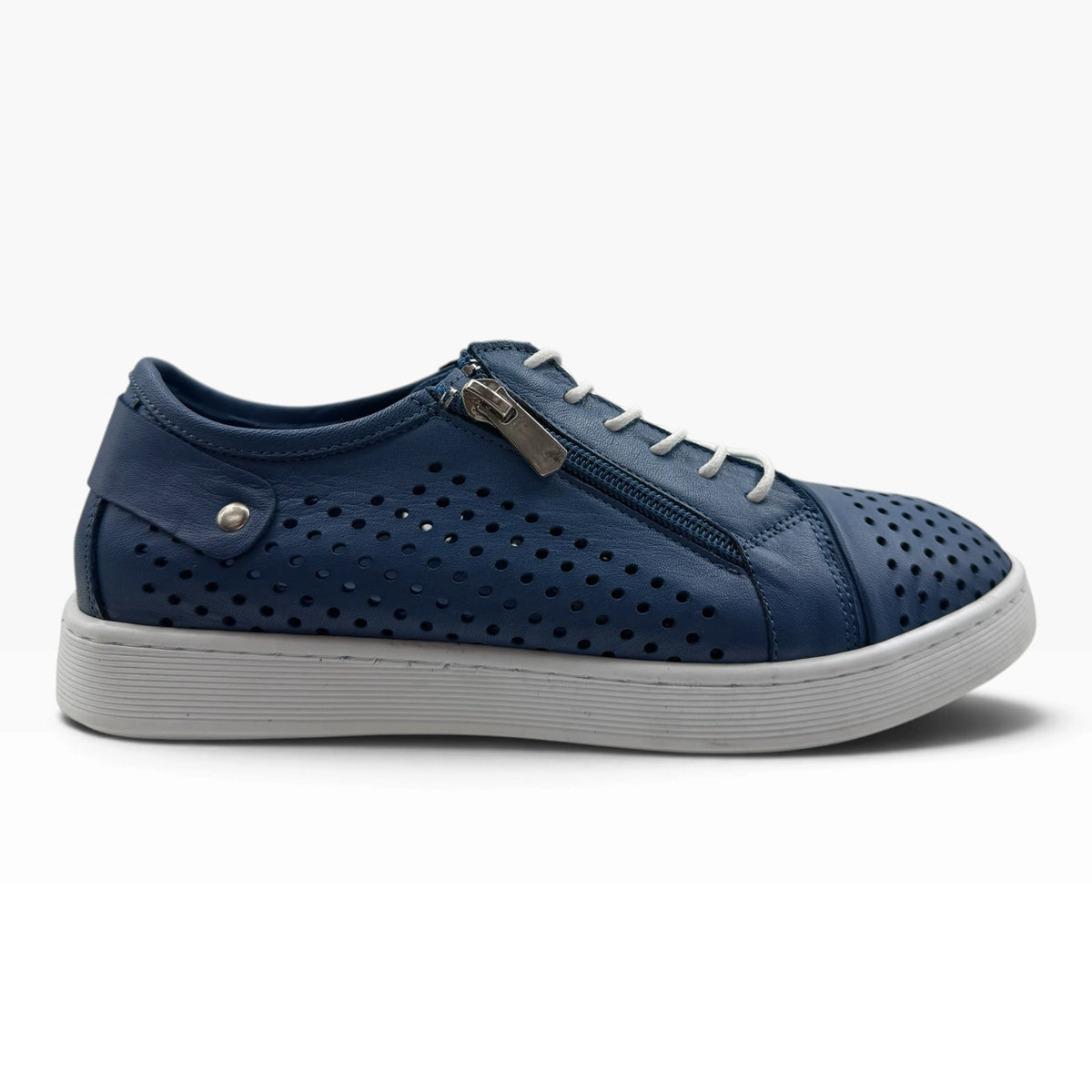The Shoe Shop Cabello EG17 navy blue leather sneaker with side zip, lace-up front, and punched upper detail.