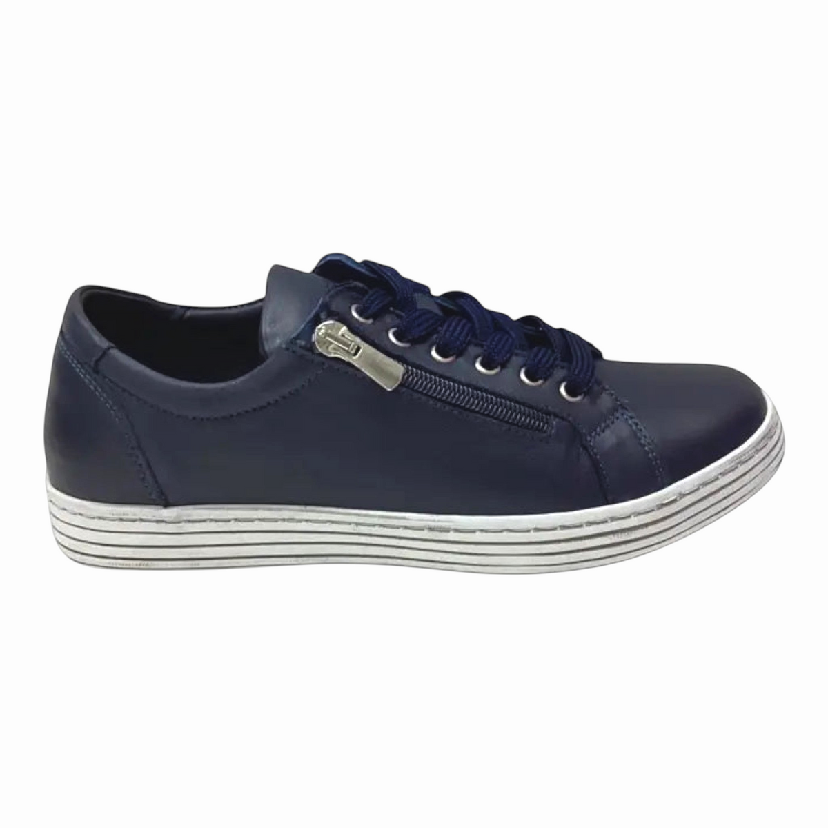 The Shoe Shop Cabello Unity navy leather sneaker with side zip and lace-up closure on a white striped thermo sole.