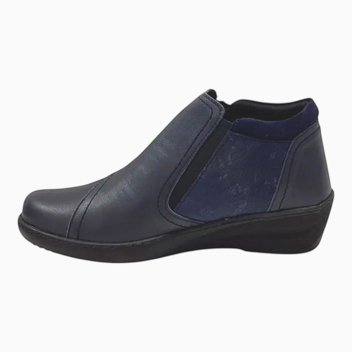 The Shoe Shop CP462-18 navy leather wedge boot with patterned detailing, elastic gusset, and side zip closure.