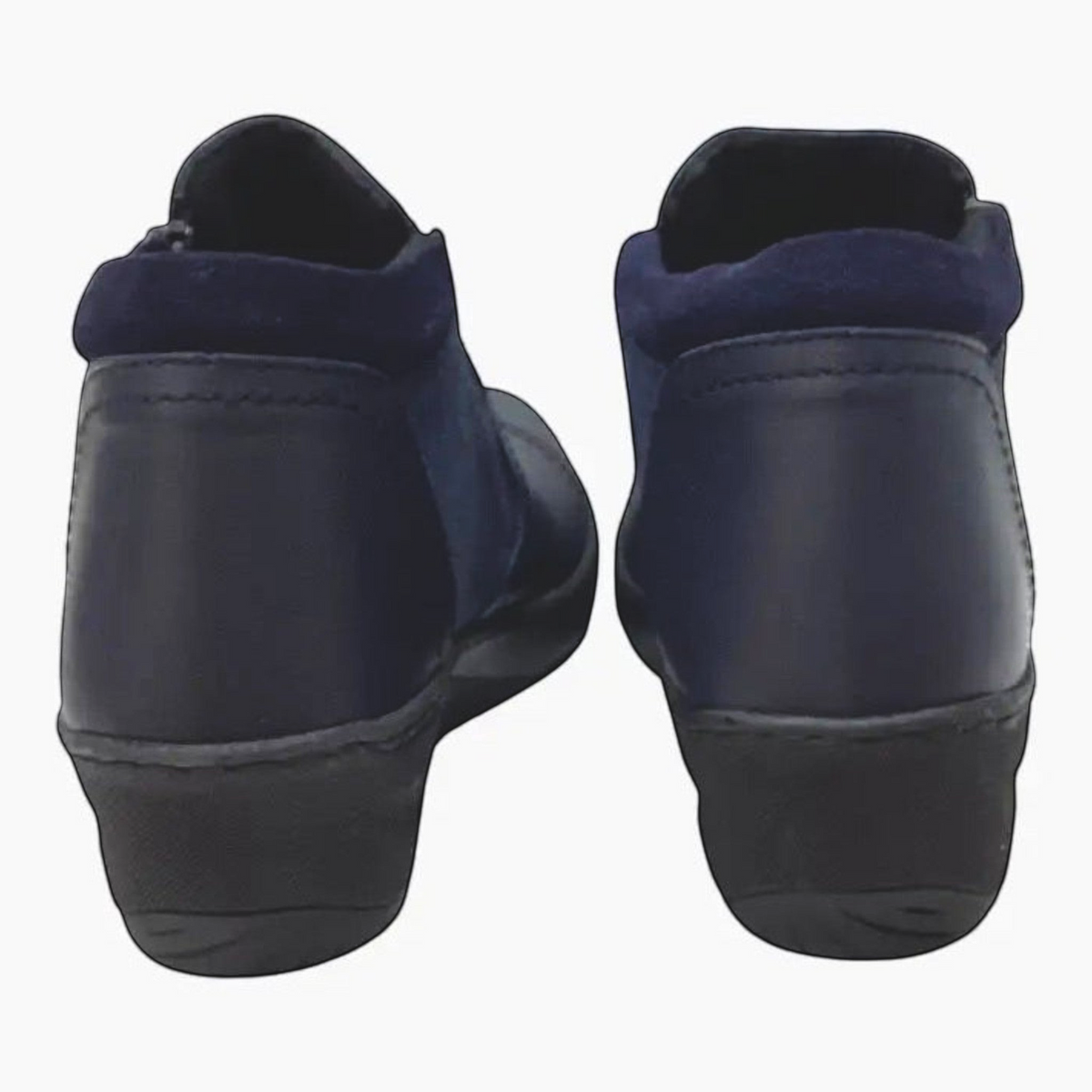 The Shoe Shop CP462-18 navy leather ankle boots with padded heel collars and wedge soles, rear view