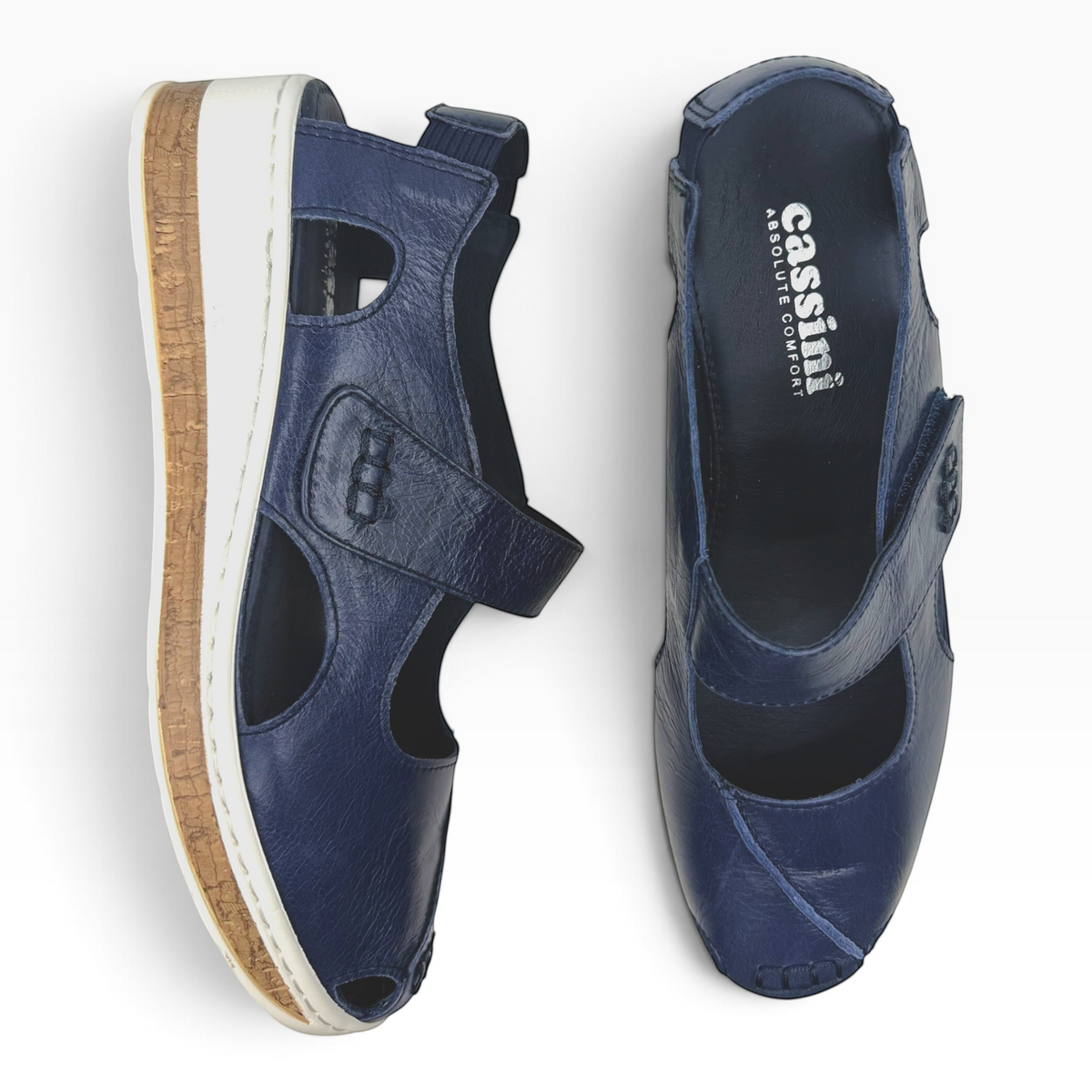 The Shoe Shop Cassini Maizy navy leather peep-toe sandals with adjustable strap and cork-effect wedge sole