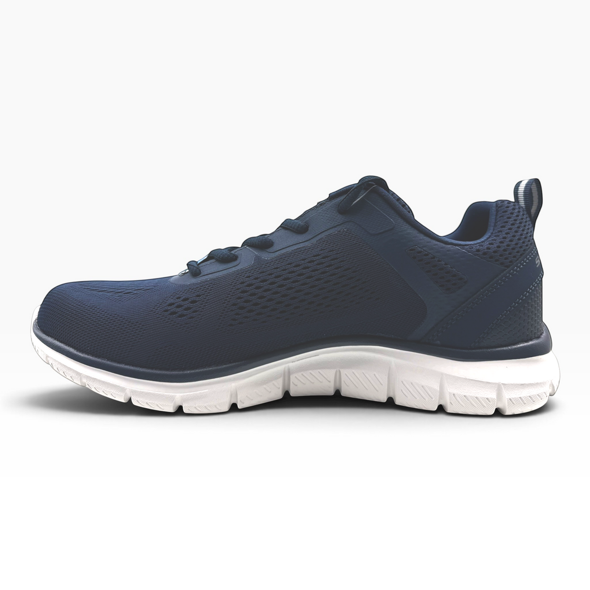 The Shoe Shop 232698 Track Broader navy blue mesh athletic sneaker with a white cushioned sole, side profile view.