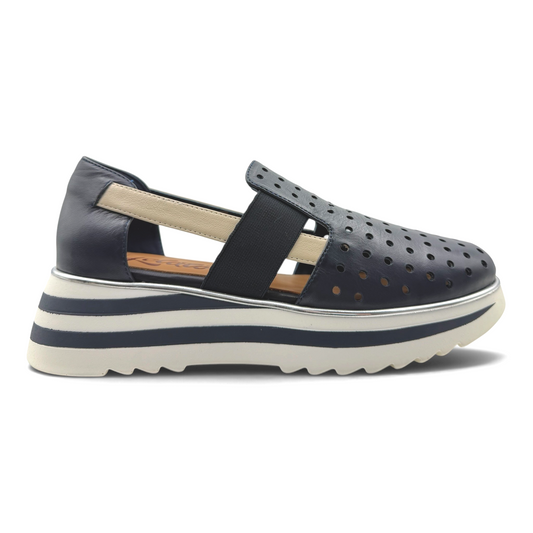 The Shoe Shop navy perforated leather slip-on flat with elastic strap and striped platform sole