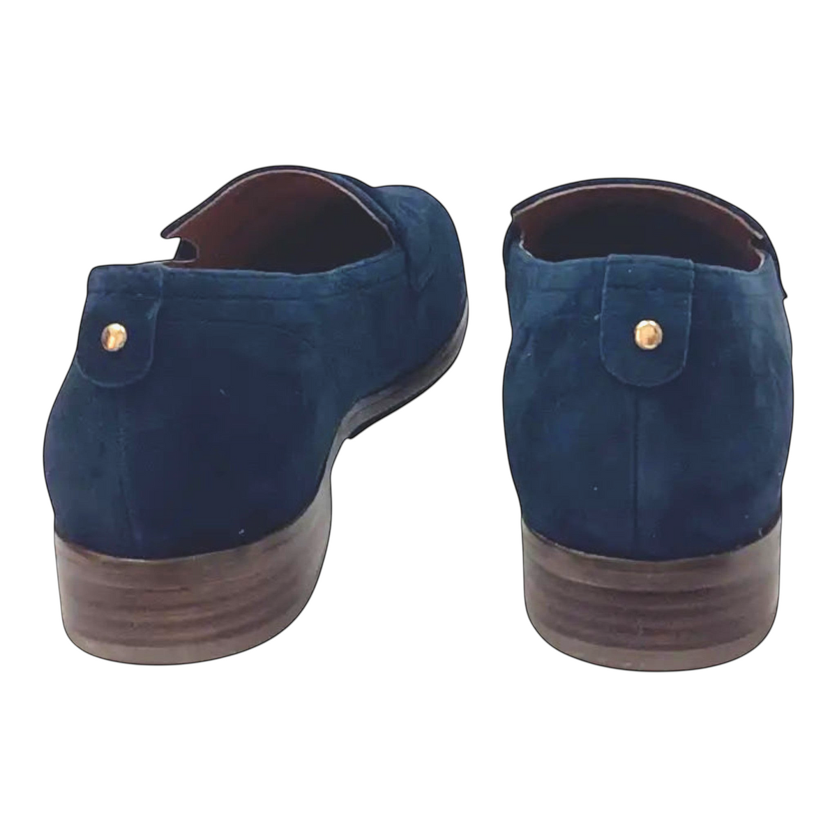 The Shoe Shop Belle Scarpe Rika navy blue suede loafers with a low stacked heel and gold stud detail, back view