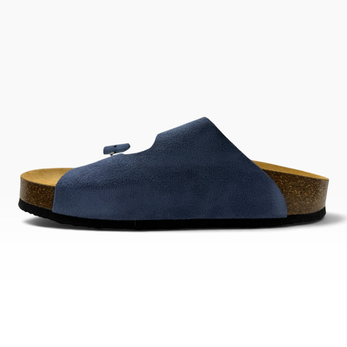 The Shoe Shop Plakton navy blue suede slide sandal with a contoured cork footbed and 3cm platform sole