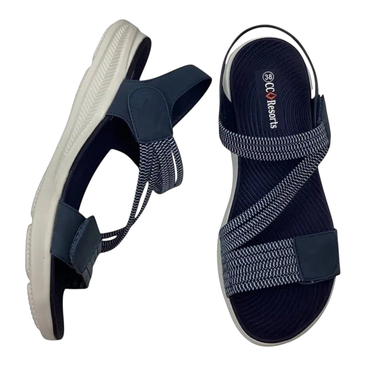 The Shoe Shop CC Resorts Florrie navy blue textile sandals with cushioned footbed and velcro closure
