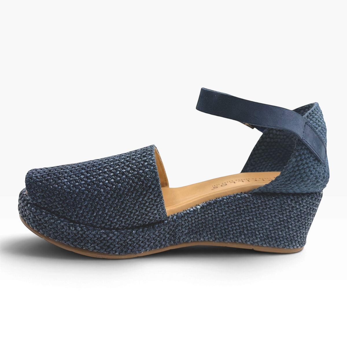 The Shoe Shop 11260 Pitillos navy blue woven wedge sandal with an ankle strap and closed toe design