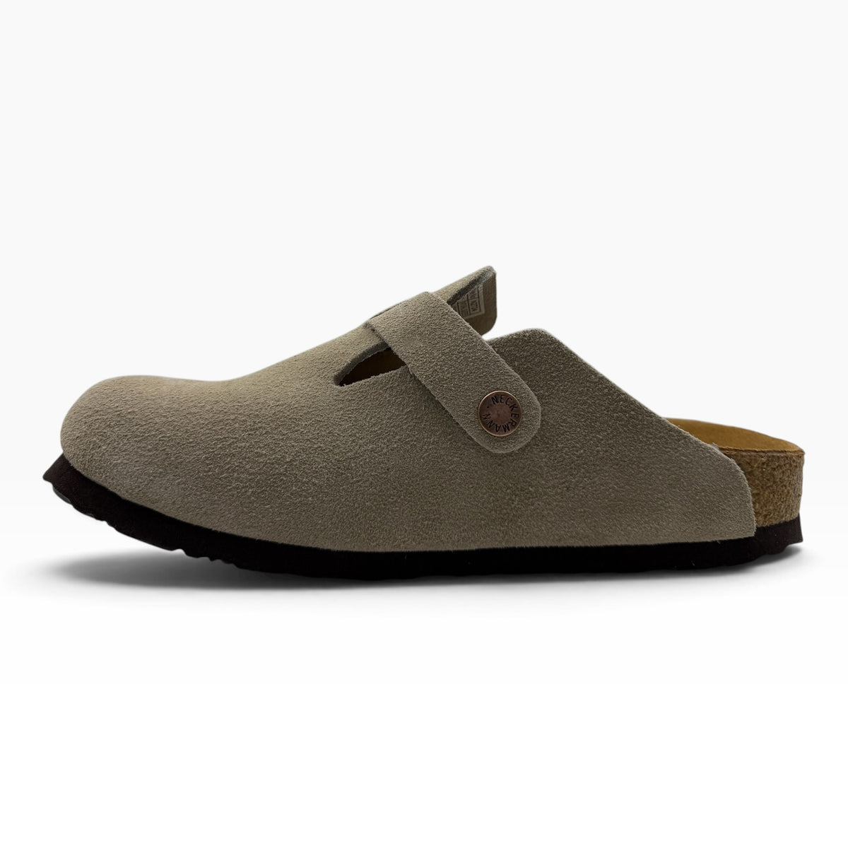 The Shoe Shop N2724 Neckermann beige suede slip-on clog with cork footbed and branded side rivet