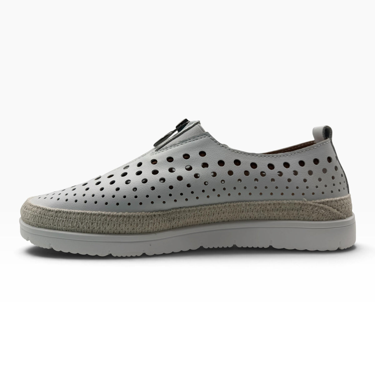 The Shoe Shop New Mercury white perforated slip-on shoe with a jute-wrapped midsole and white rubber outsole.