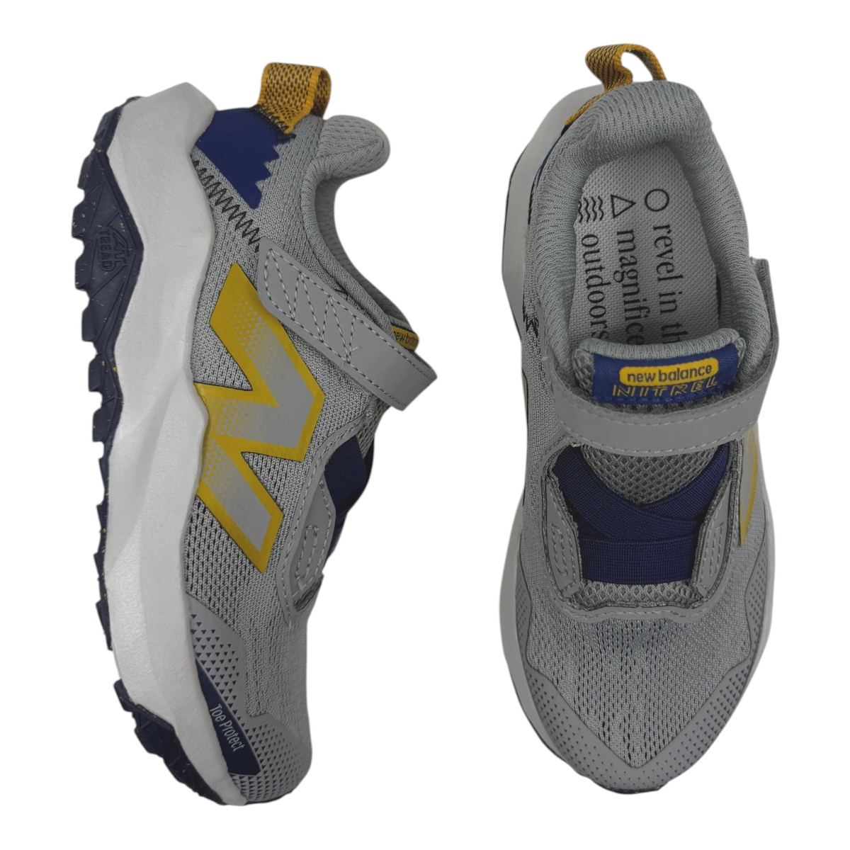 The Shoe Shop Nitrel v6 kids sneakers in grey mesh with yellow and navy accents, featuring a hook-and-loop strap.
