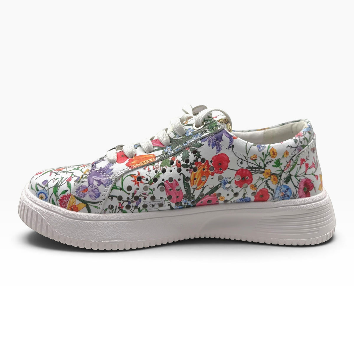 The Shoe Shop Noble sneaker in white leather with a colourful floral print, side zip, and white platform sole.