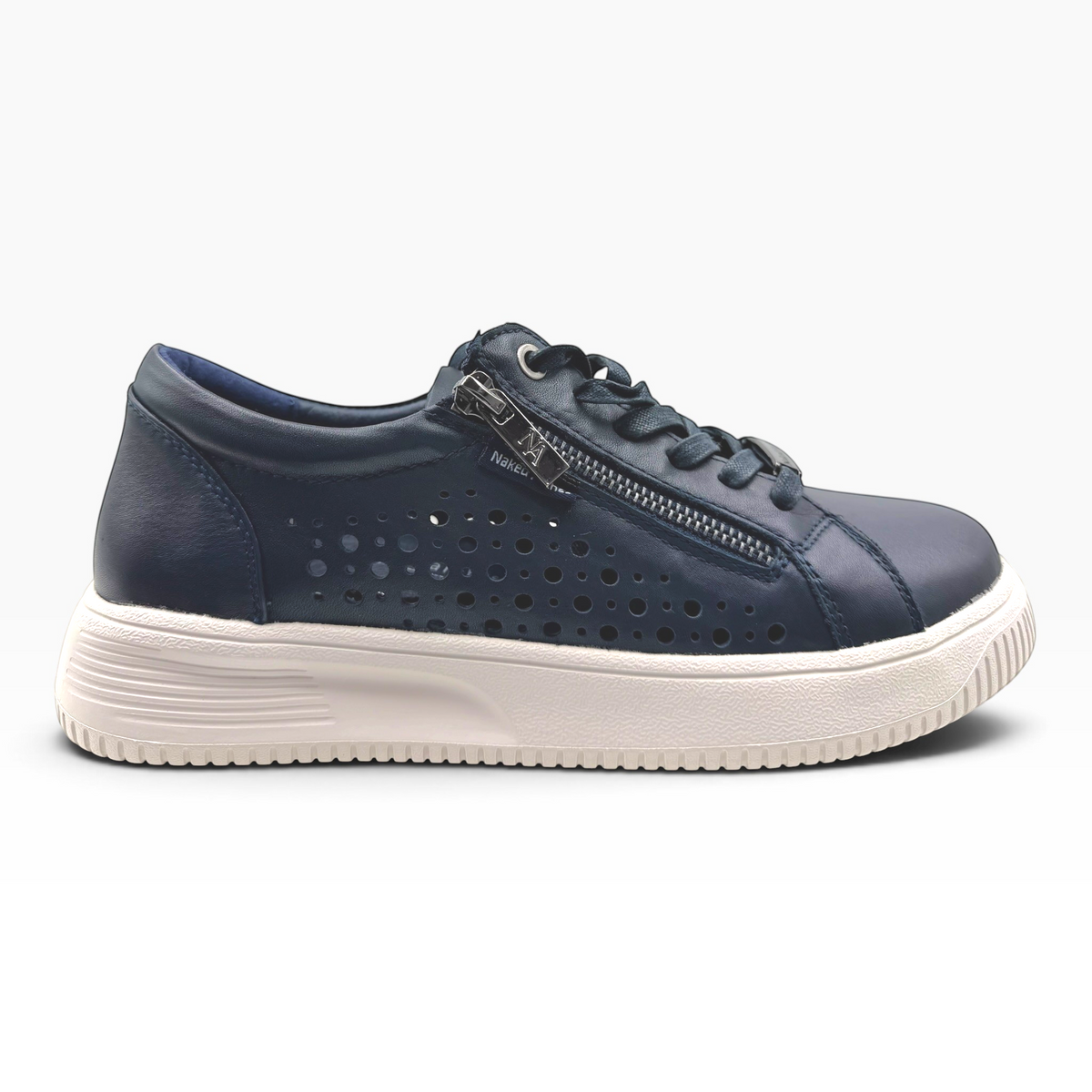 The Shoe Shop Noble navy leather sneaker with side zip, lace-up fastening, punch-hole detailing, and platform sole.