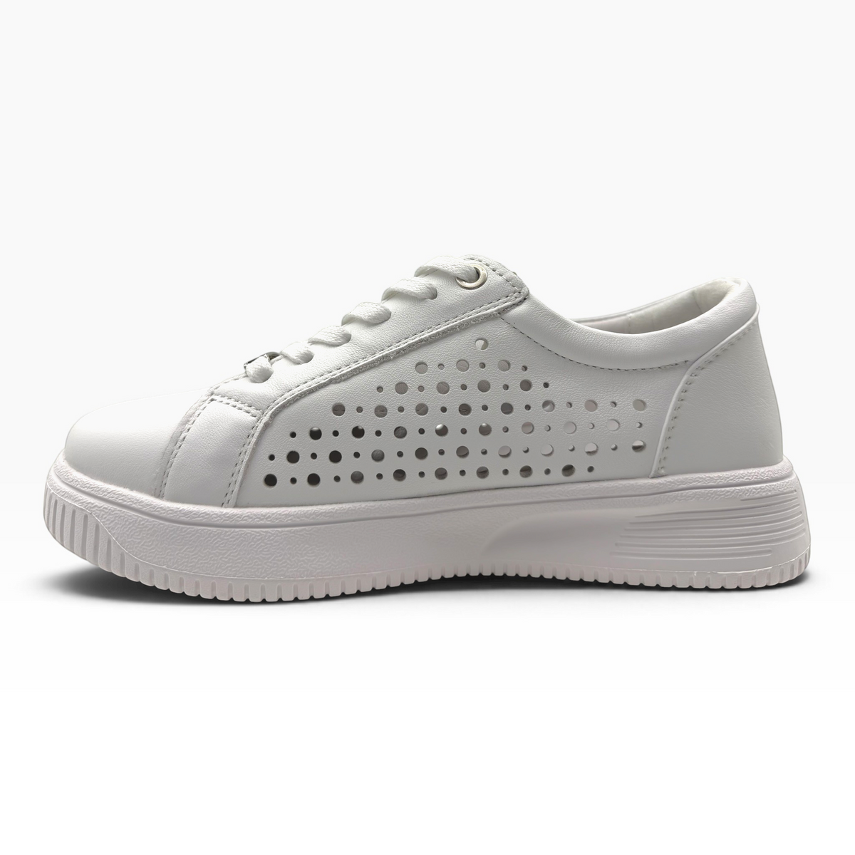 The Shoe Shop Noble white leather sneaker with lace-up fastening, side zip, and decorative punch-hole side detailing.
