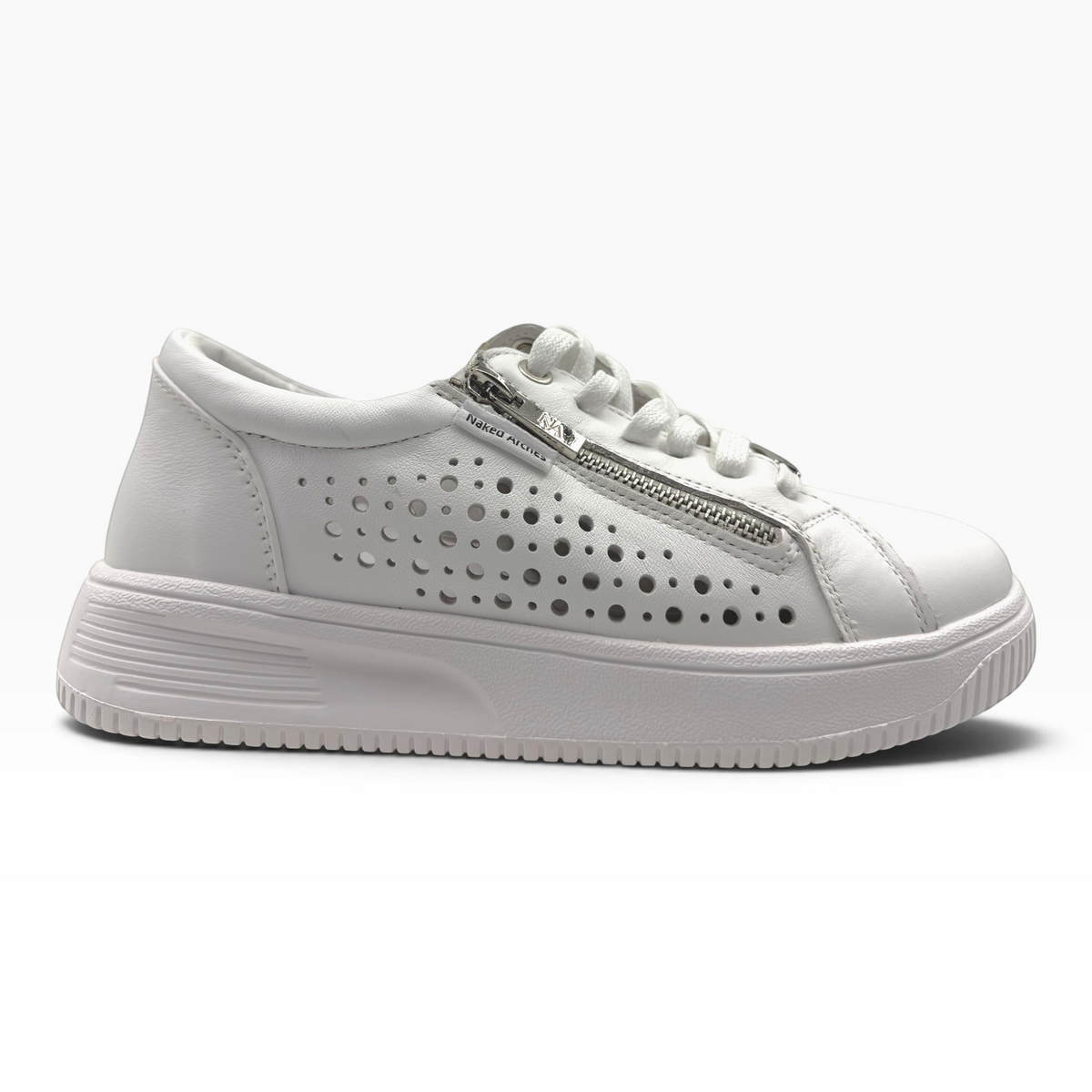 The Shoe Shop Noble white leather sneaker with side zip, lace-up fastening, and punch-hole detailing on platform sole