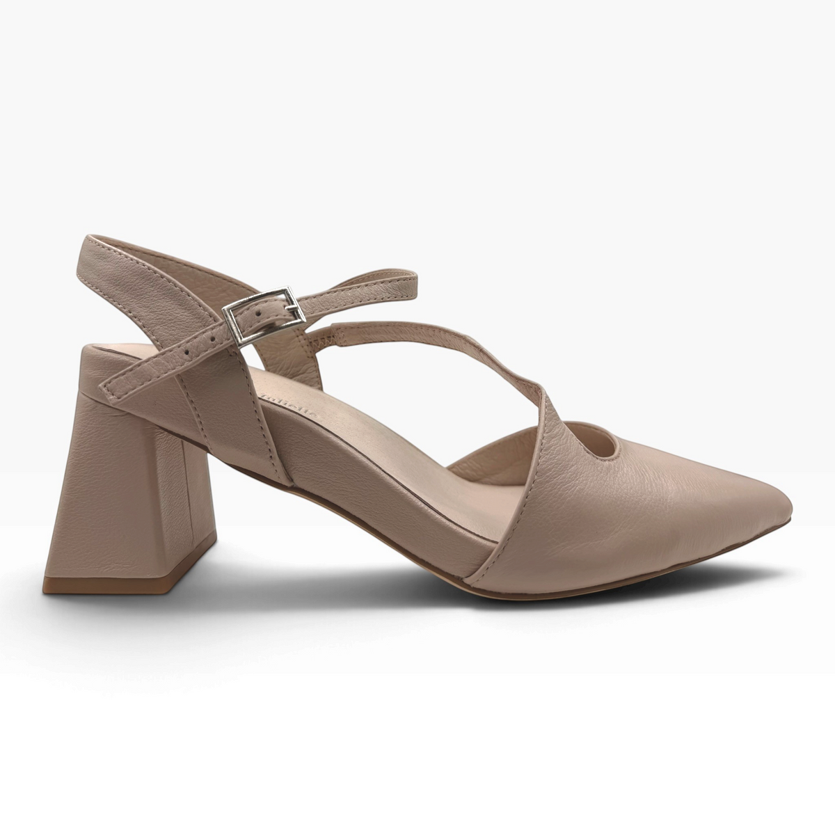 The Shoe Shop Wryn nude grained leather block heel with pointed toe, cross straps, and adjustable slingback buckle.