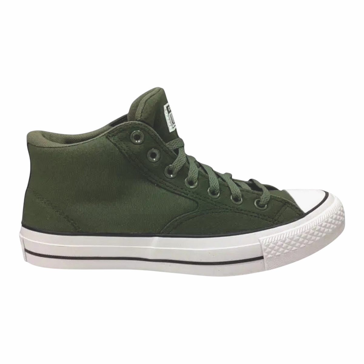 The Shoe Shop Converse A17842C mid-top boot in olive green canvas with suede details and white rubber toe cap.