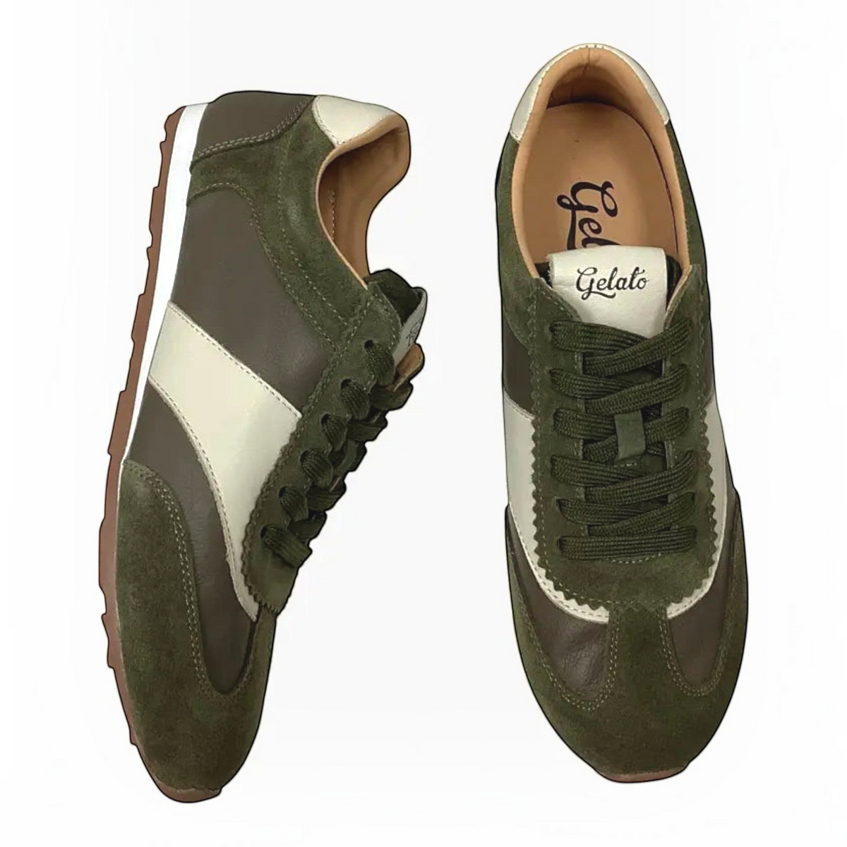 The Shoe Shop Gelato Gimpo sneakers in olive green suede and leather with a retro low-cut design and rubber lug sole.