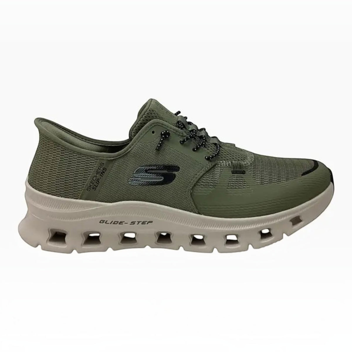 The Shoe Shop Skechers Glide Step Pro olive green mesh slip-in sneaker with a chunky white cushioned midsole.