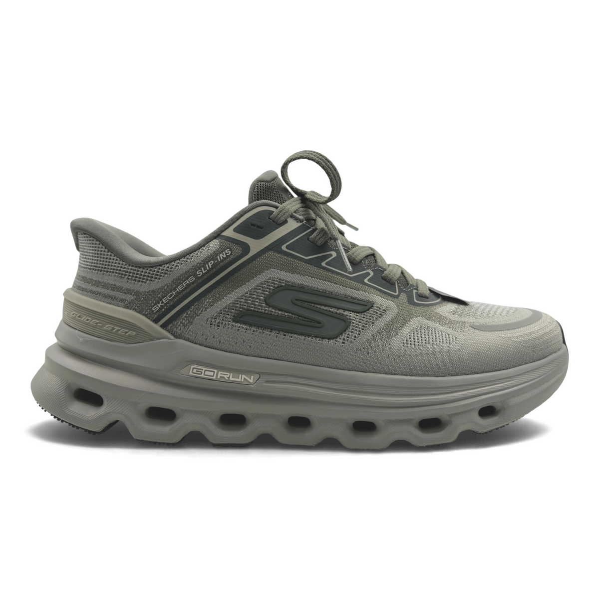 The Shoe Shop Skechers Go Run Glide Step sneaker in olive green with engineered knit upper and geometric midsole.