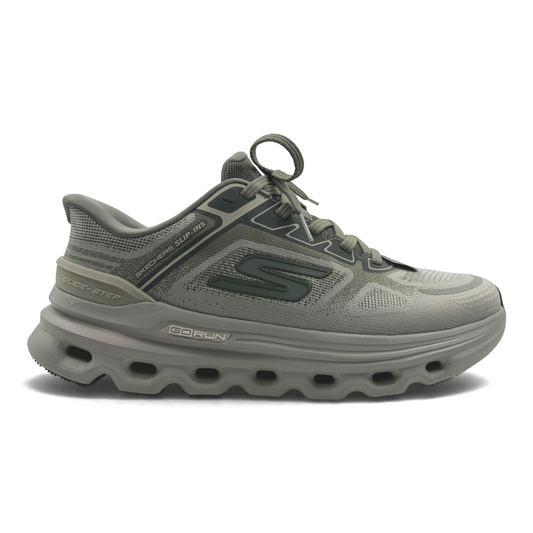 The Shoe Shop Skechers Go Run Glide Step sneaker in olive green with engineered knit upper and geometric midsole.