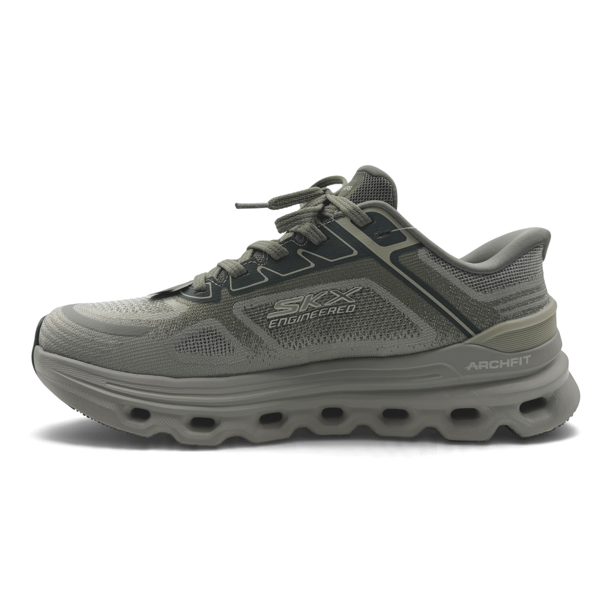 The Shoe Shop Go Run Glide Step sneaker in olive green with engineered knit upper and geometric Arch Fit midsole.