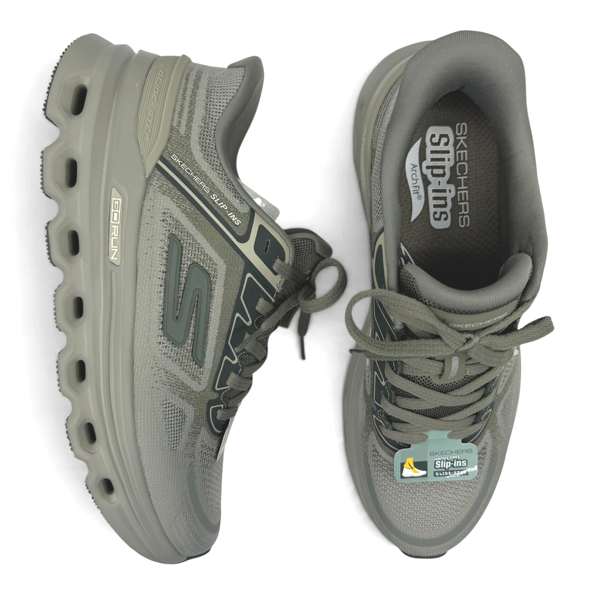 The Shoe Shop Go Run Glide Step olive green knit sneakers with Arch Fit cushioning and slip-in design